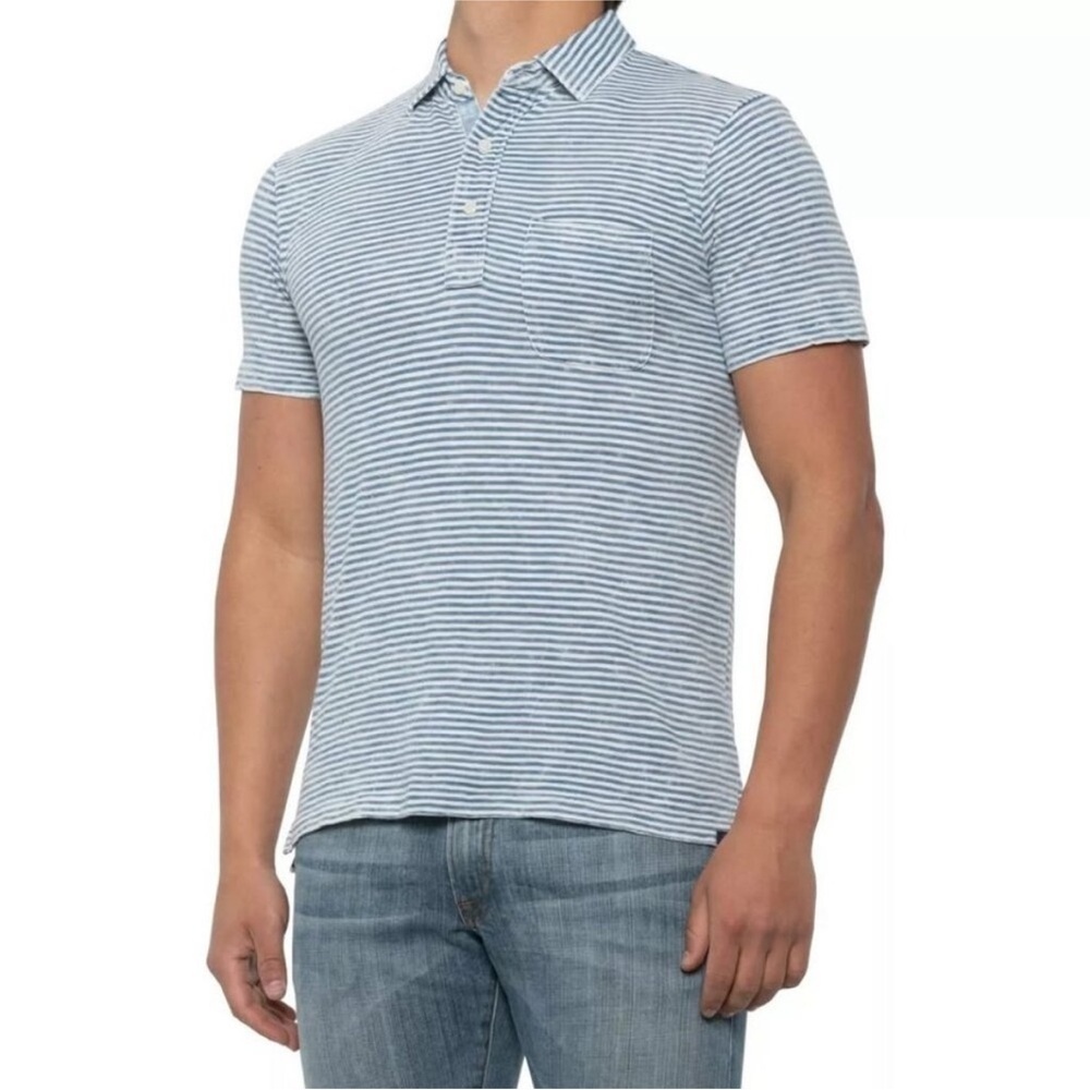 Faherty Polo Indigo Dyed Blue Striped Shirt Men's M SS Pullover Cotton**